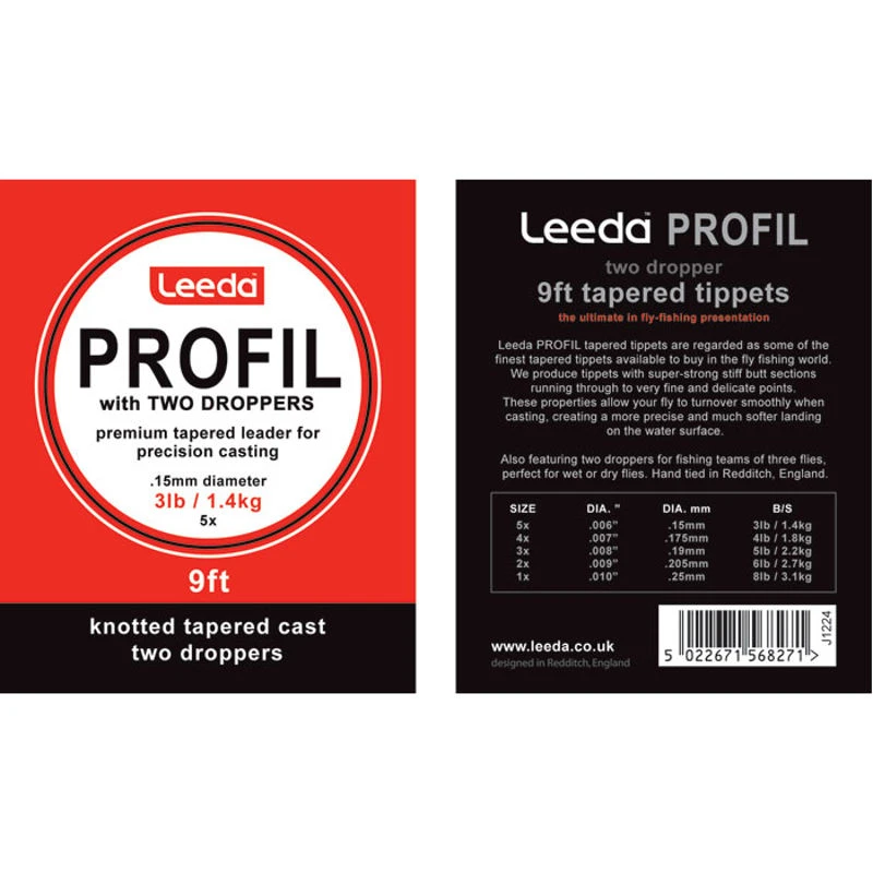 Leeda Profil Tapered Fly Leaders With Two Droppers 9ft